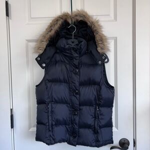 L.L.Bean Goosedown Hooded Faux Fur‎ Trim Puffer Vest Black Size Medium Petite
